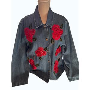 Tantrums Embroidered Denim Jacket XL Red Rose Floral Boho Western